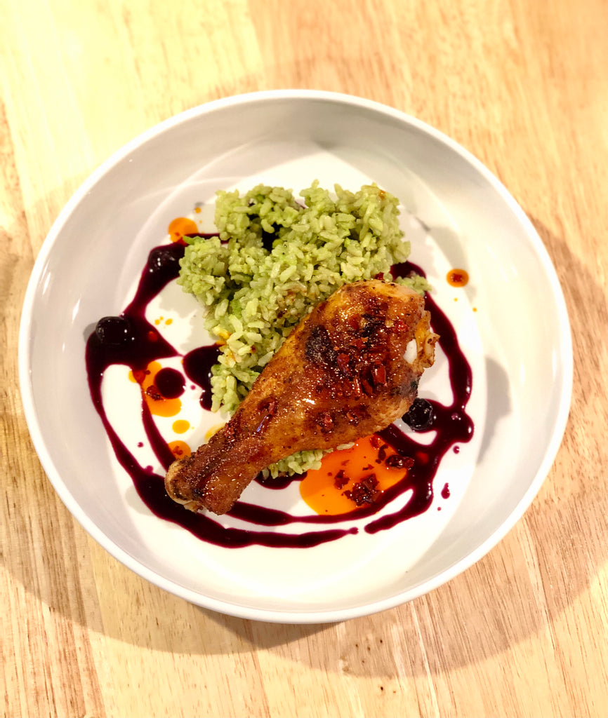 Spice Rubbed Chicken Legs with Chili Crisp, Honey, and Blueberry Mustard Sauce