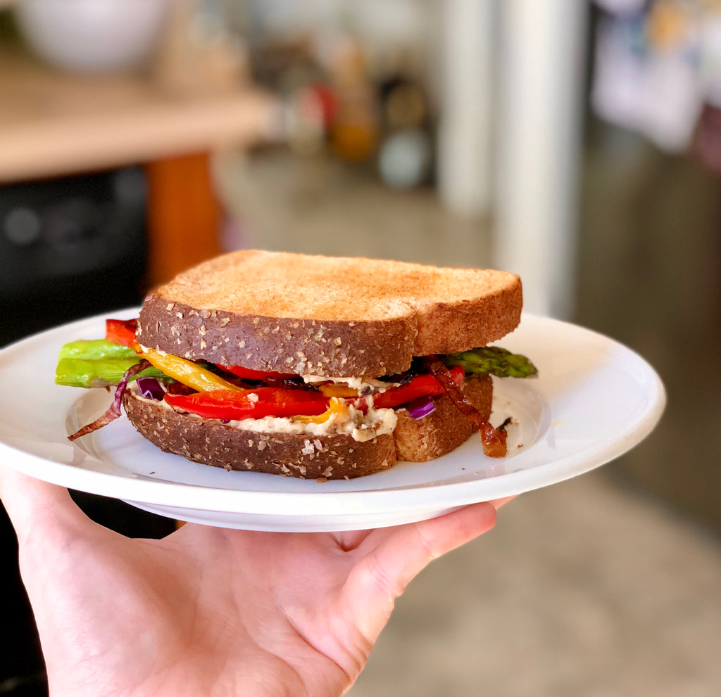 Roasted Veggie Sandwich with Eggplant Honey Spread & Crunchy Cabbage Slaw